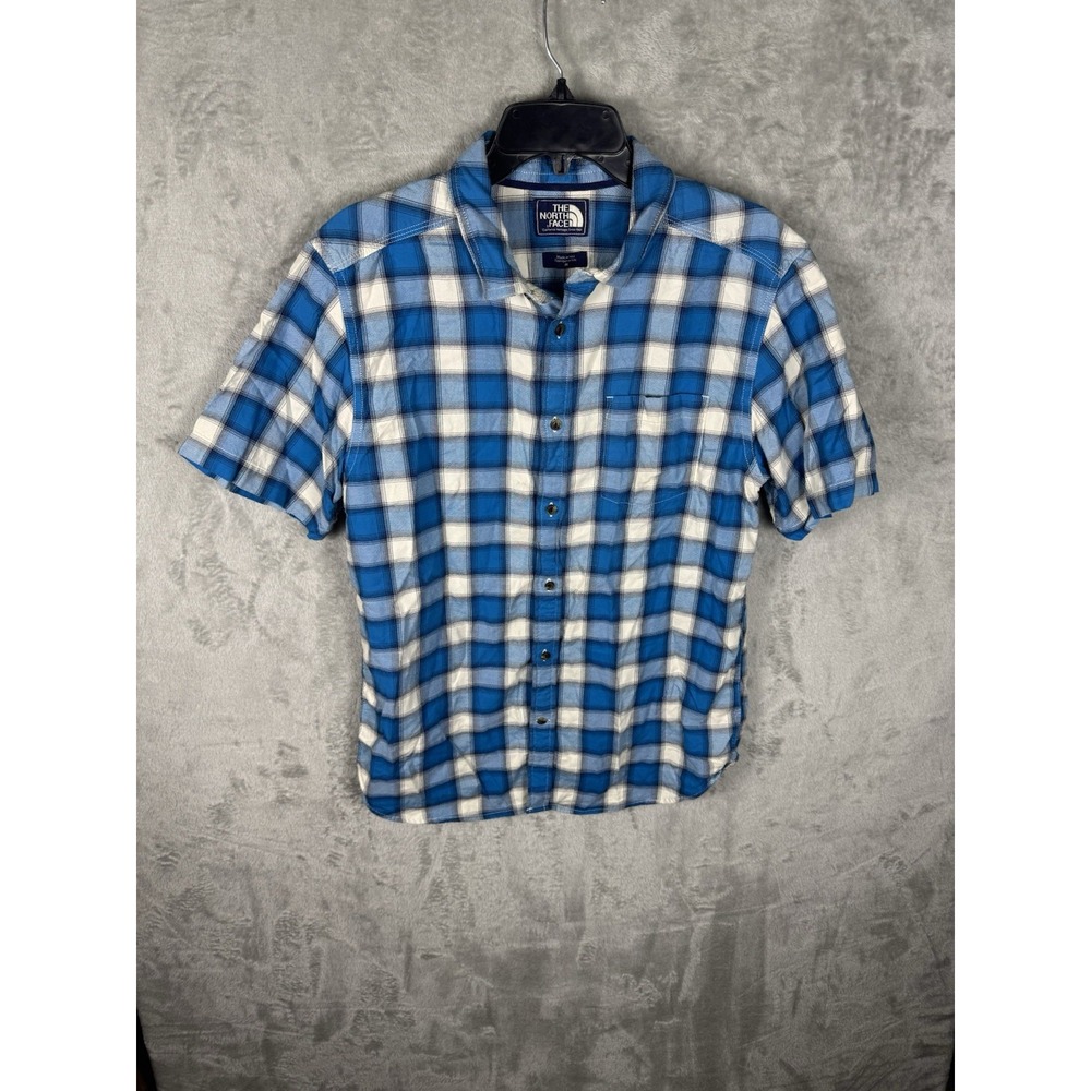 The North Face Shirt Mens M Button Up Blue Plaid Classic Fit Short Sleeve Oxford